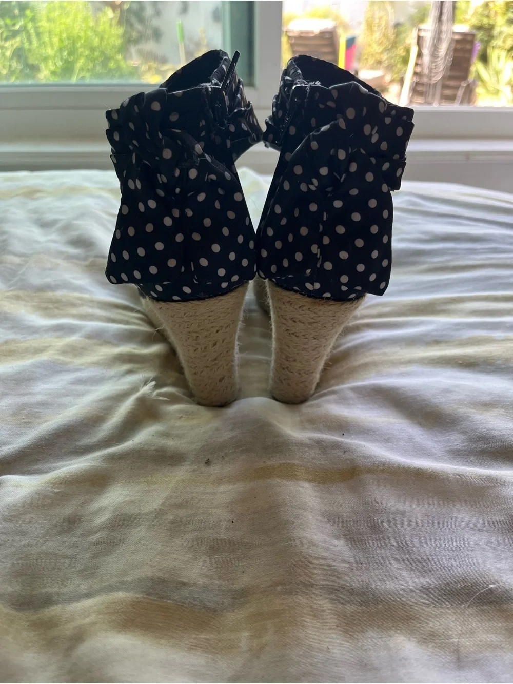 Fergalicious Black Polka Dot Ankle-Wrap Wedge Sandals
